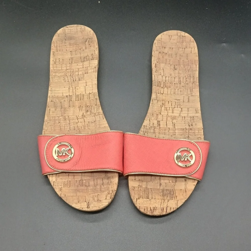 Michael Kors Lee Leather Slide Sandals Coral Reef